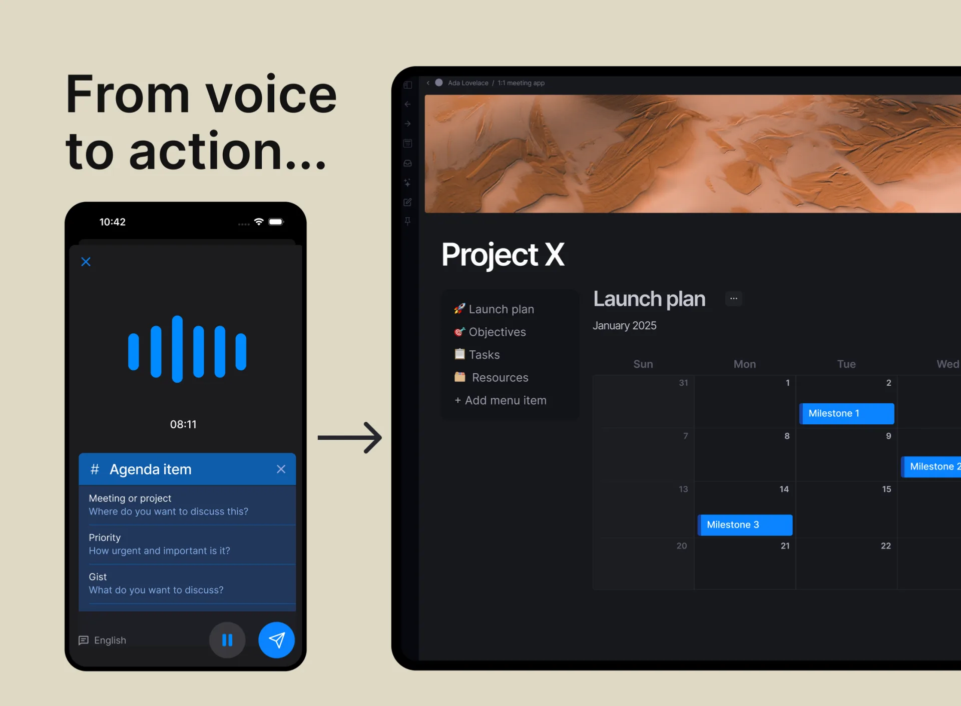Autofill linking a voice memo to existing people and project nodes in the knowledge graph