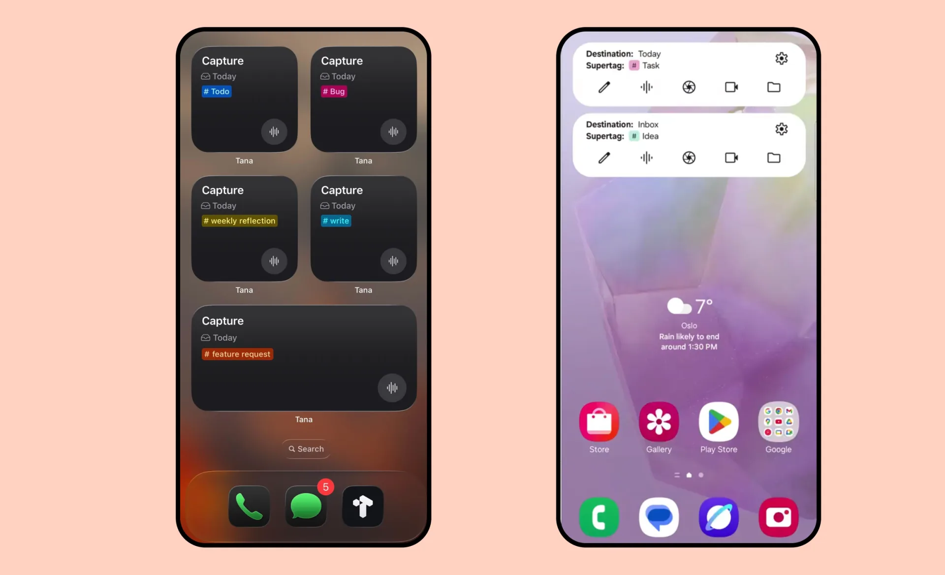 Native iOS and Android home-screen widgets for capturing notes, tasks, and voice memos