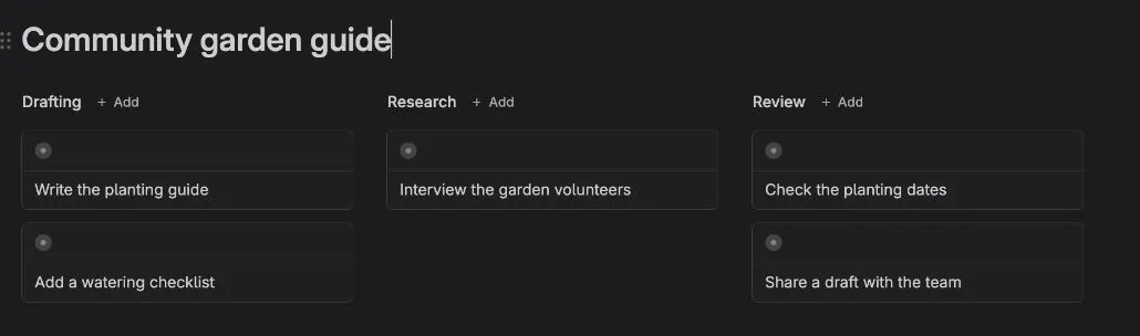 Community garden tasks in Cards view grouped into Drafting, Research and Review columns