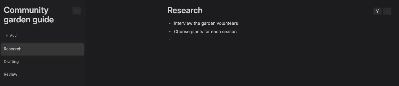 List navigation with Research selected on the left and its outline open in the right panel