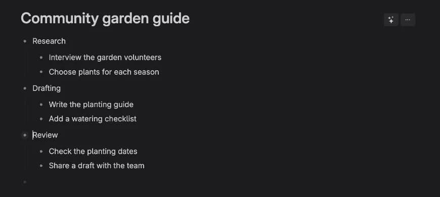 Community garden guide in Outline view, with Research, Drafting and Review sections expanded