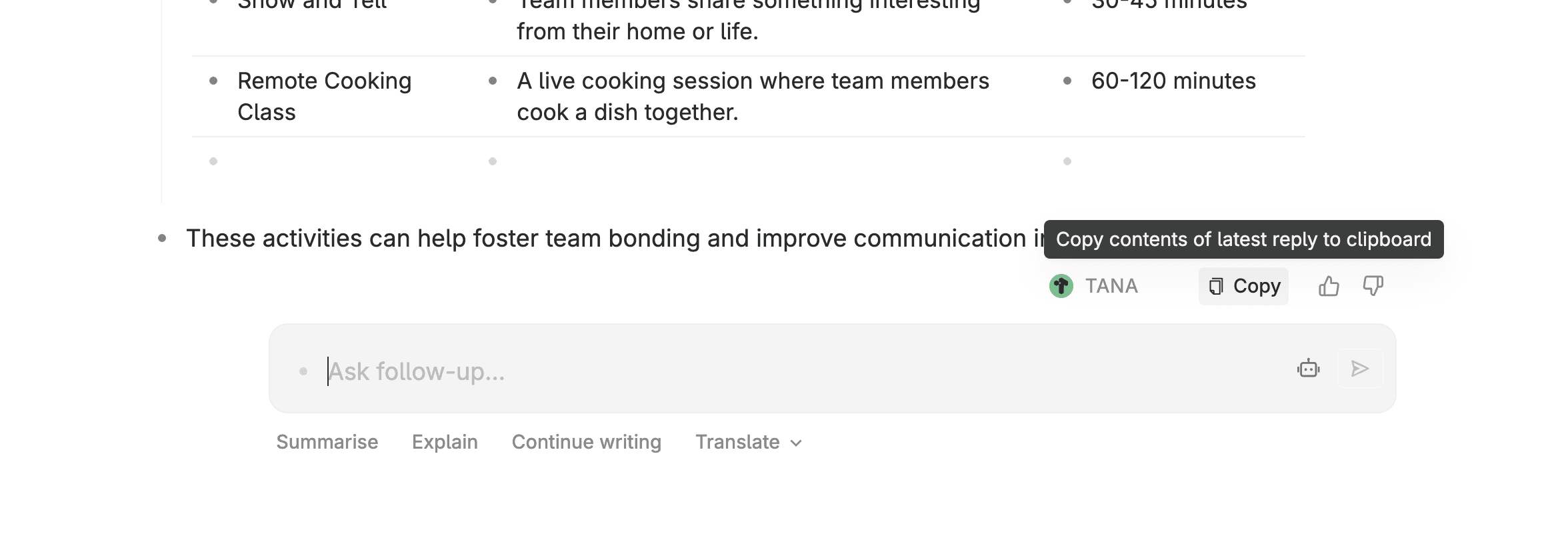 On AI responses you can take further actions, or copy the content into your notes