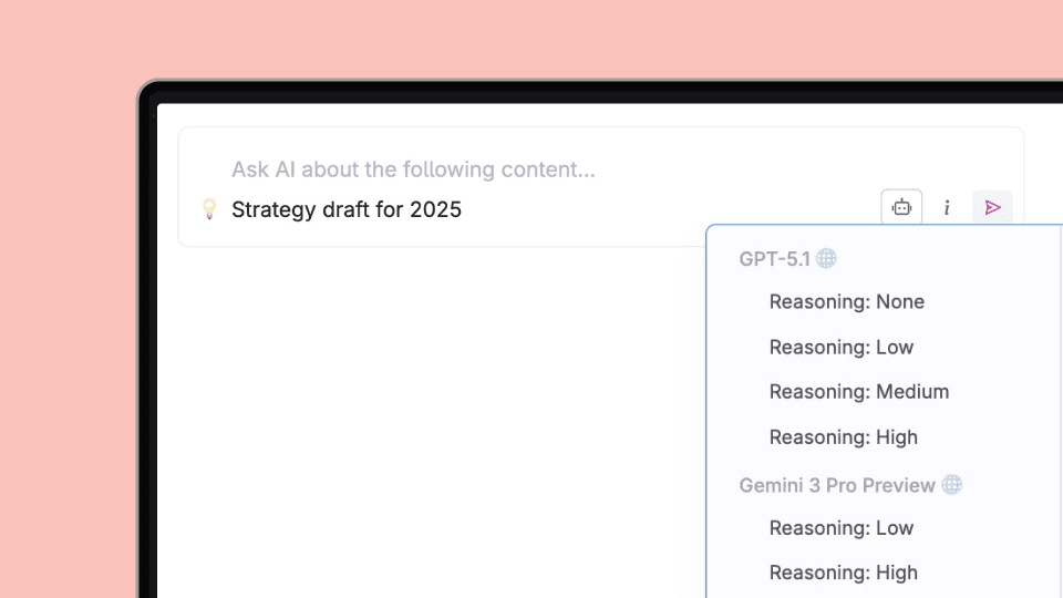 Tana Outliner's AI model selector allows you to select the reasoning level of the models