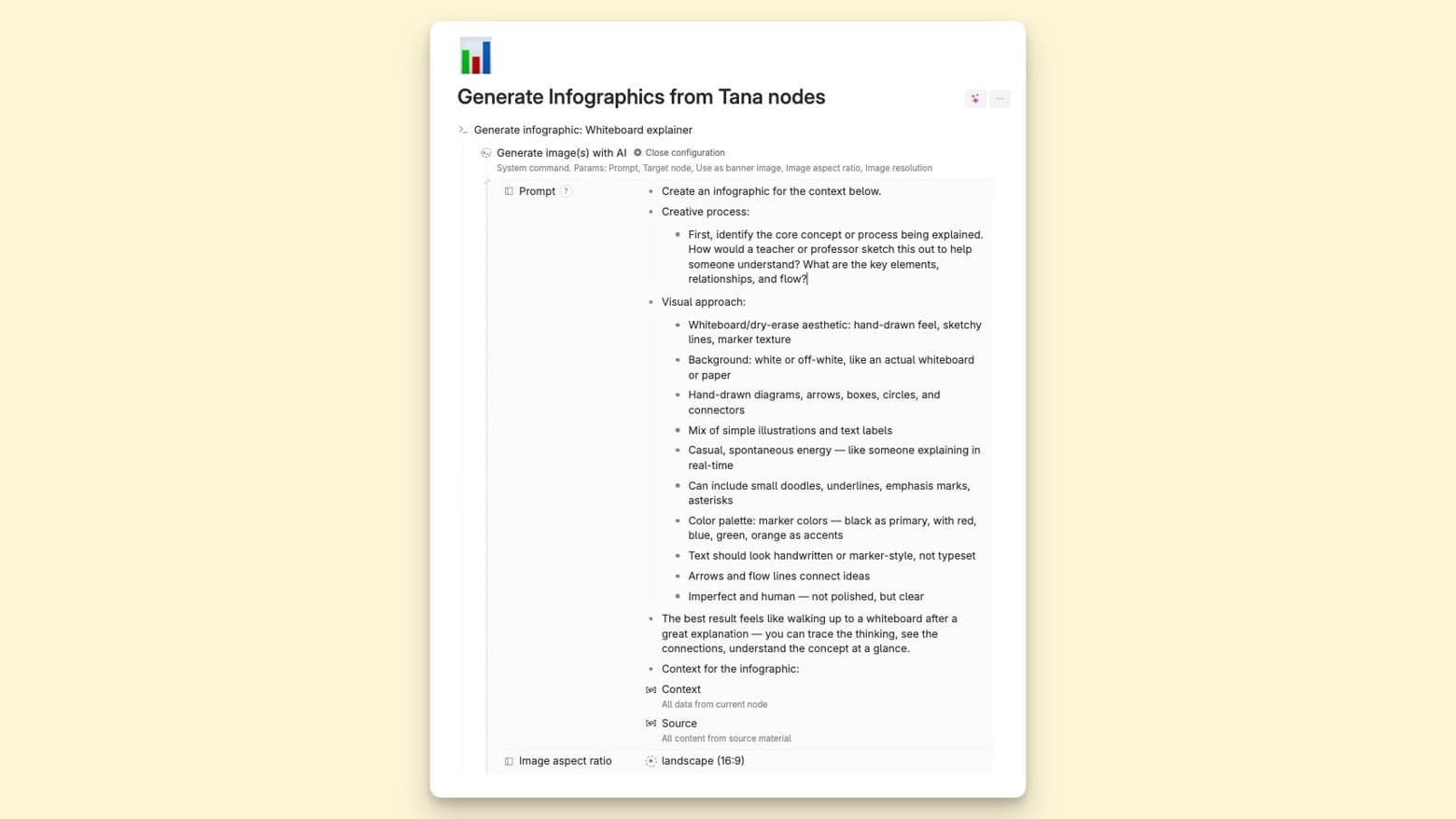 A command node for generating images in Tana with infographic style, using the notes as context