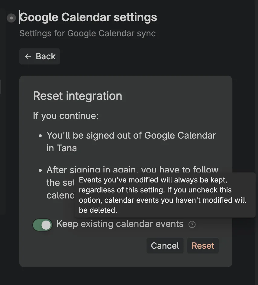 Reset integration dialog with the Keep existing calendar events option turned on