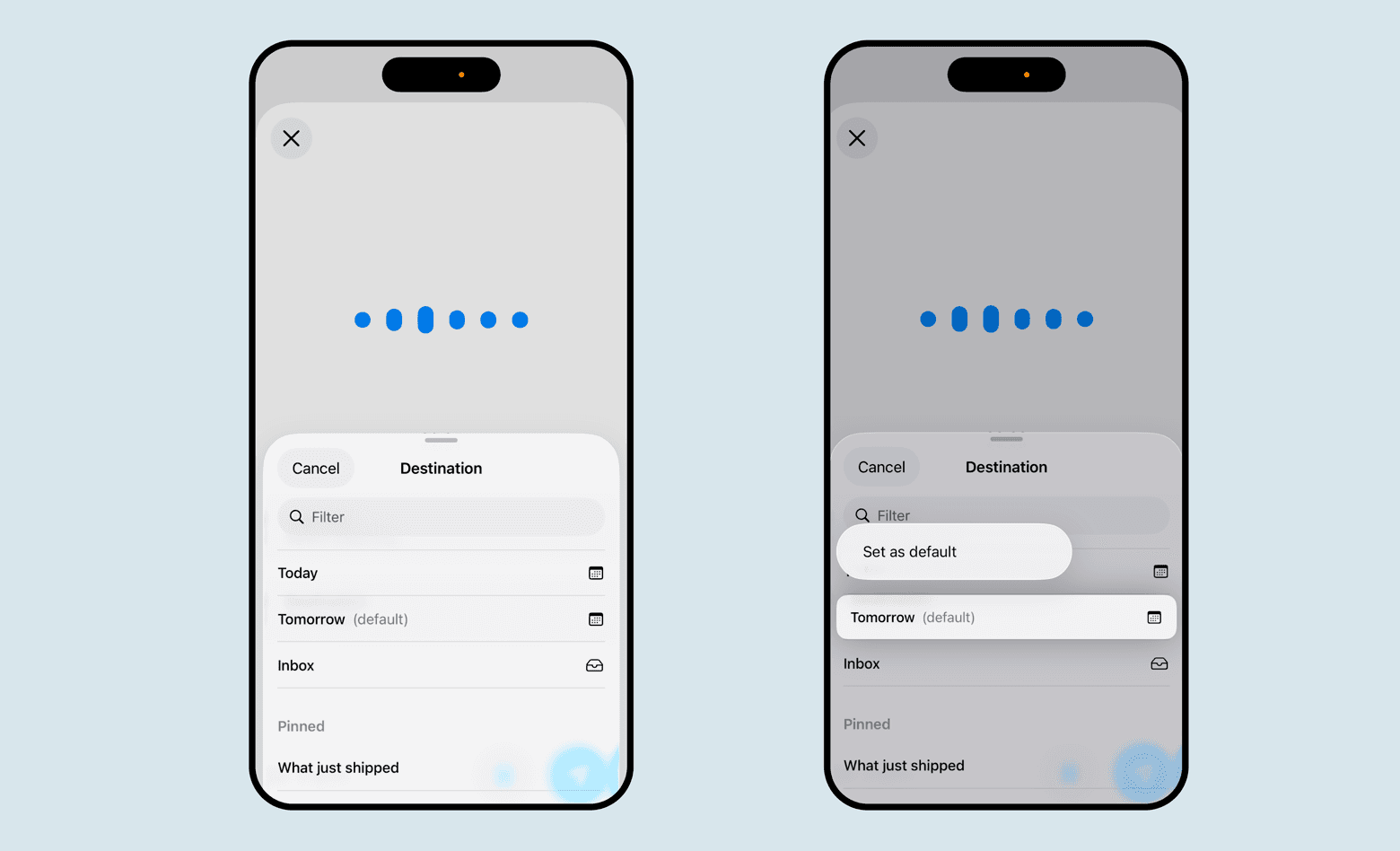 Long press the option you want to set as the default for new captures in the Tana mobile app