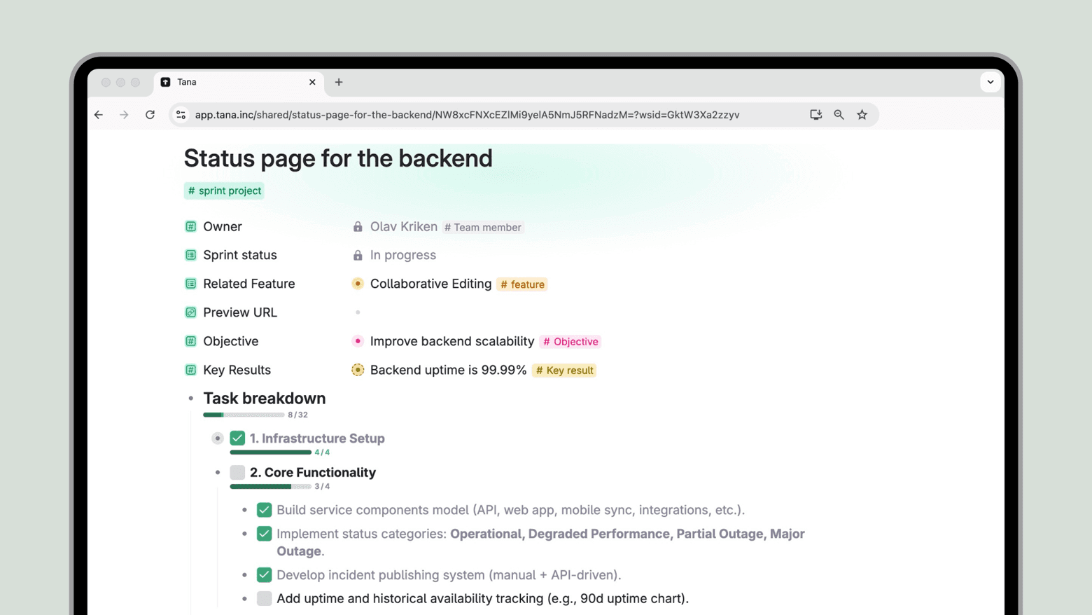 Checkboxes and progress bars will also show in published Tana Outliner pages, enabling sharing of e.g. projects plans