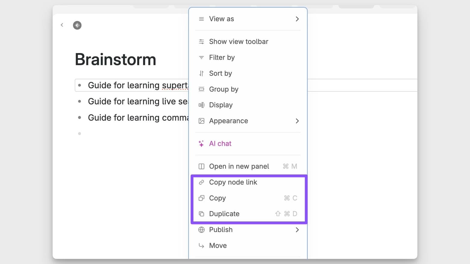 The Tana Outliner context menu appears on right click and shows copy options