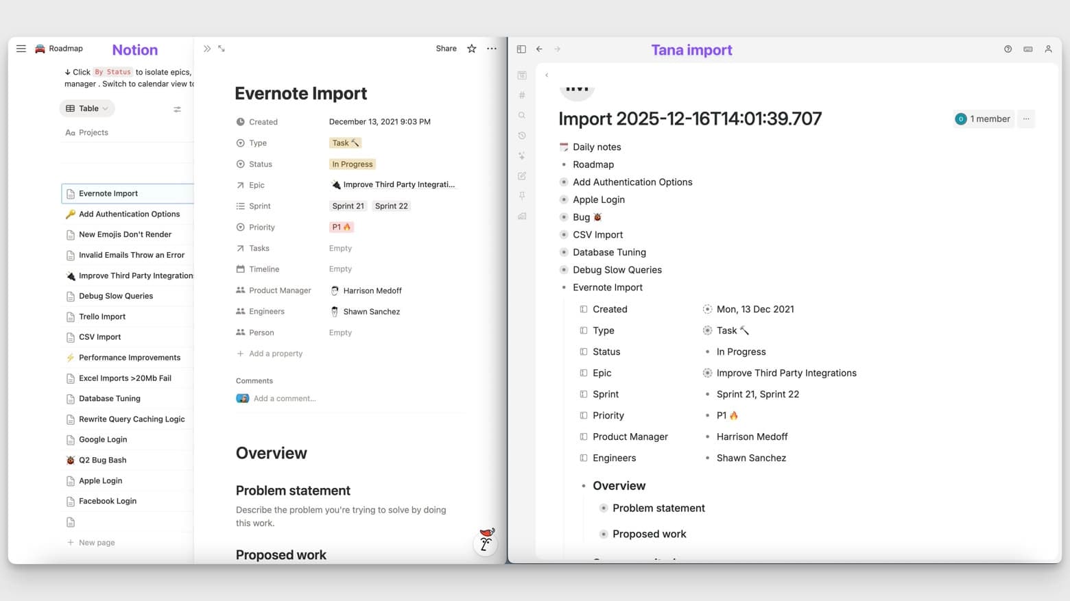 Database items will be created as individual items in Tana Outliner, with the property values as fields