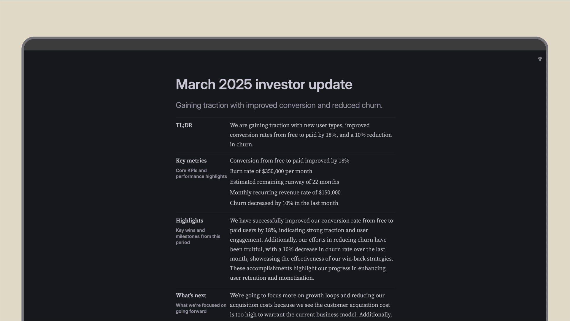 Investor Update Output