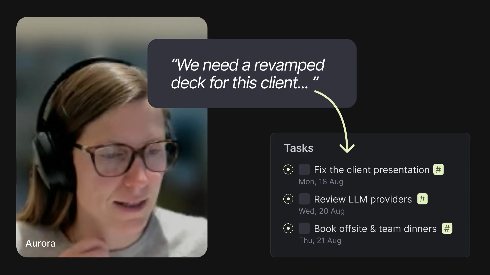 AI-extracted action items routed to task boards in Tana