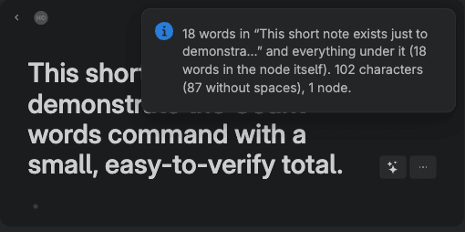 Tana note with a Count words result showing 18 words, 102 characters, and 1 node