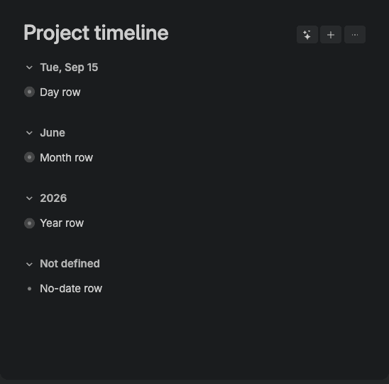 A list grouped into a day row, a month row, a year row, and a Not defined row