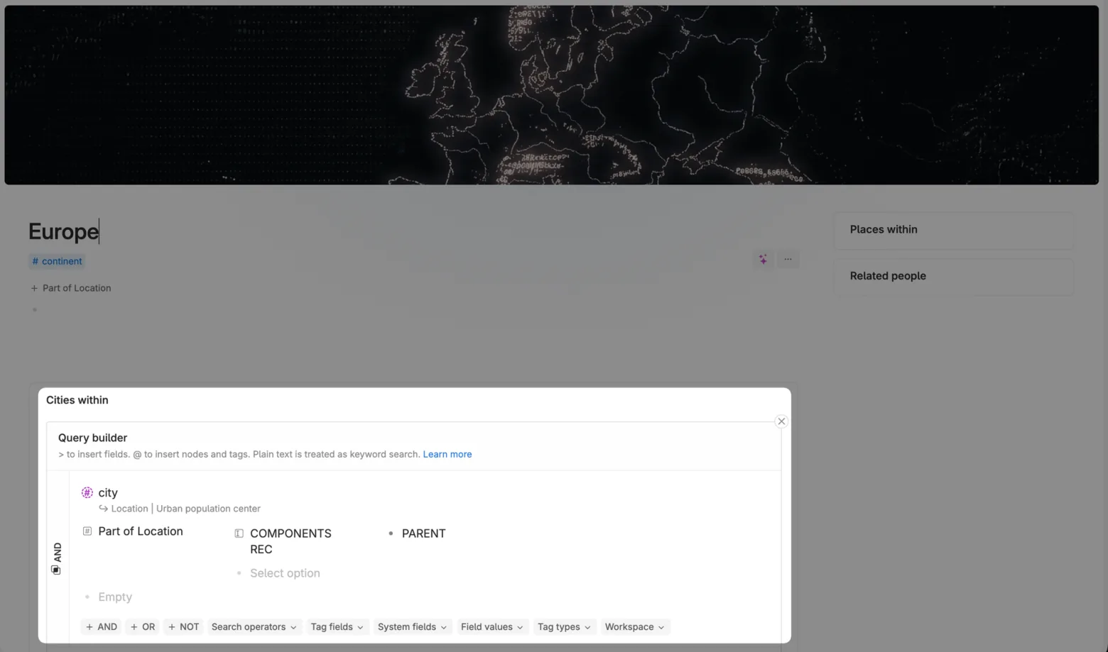 A search node that queries the Part of location field with the COMPONENTS REC operator to list the cities within Europe