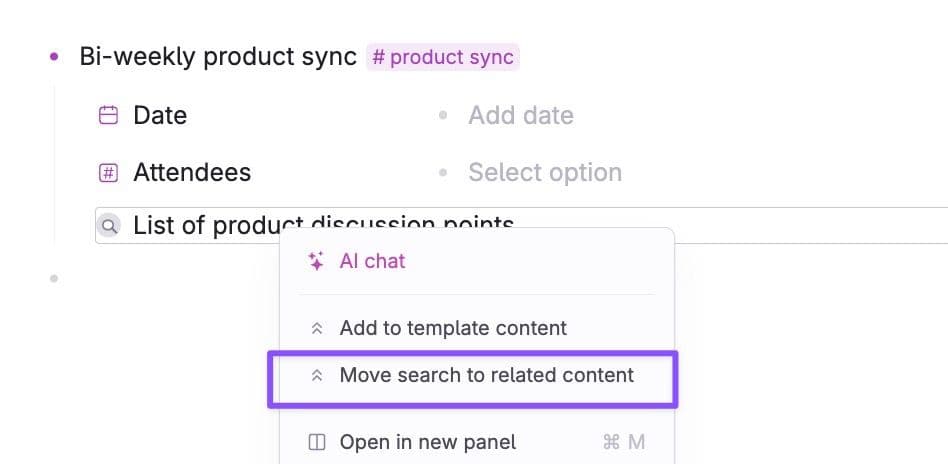 Right-click on a search inside a tagged node to move search to related content