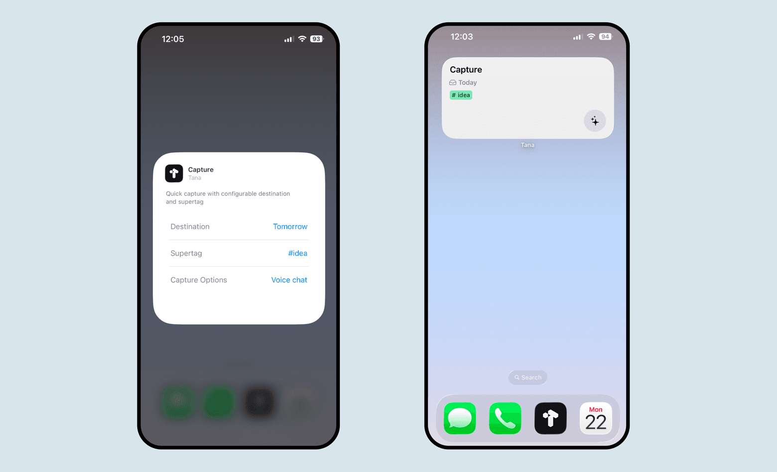 Tana mobile's home screen widgets let you start a voice chat with AI with one tap, with a custom supertag