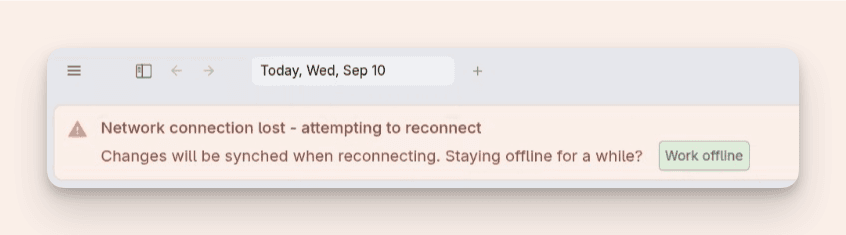 Tana Outliner will attempt to reconnect automatically if you lose network connection temporarily