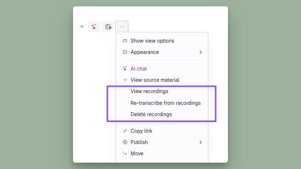 If audio recording is enabled, you can start re-transcription from the right-click/context menu. You can also view the recordings and delete them from here.