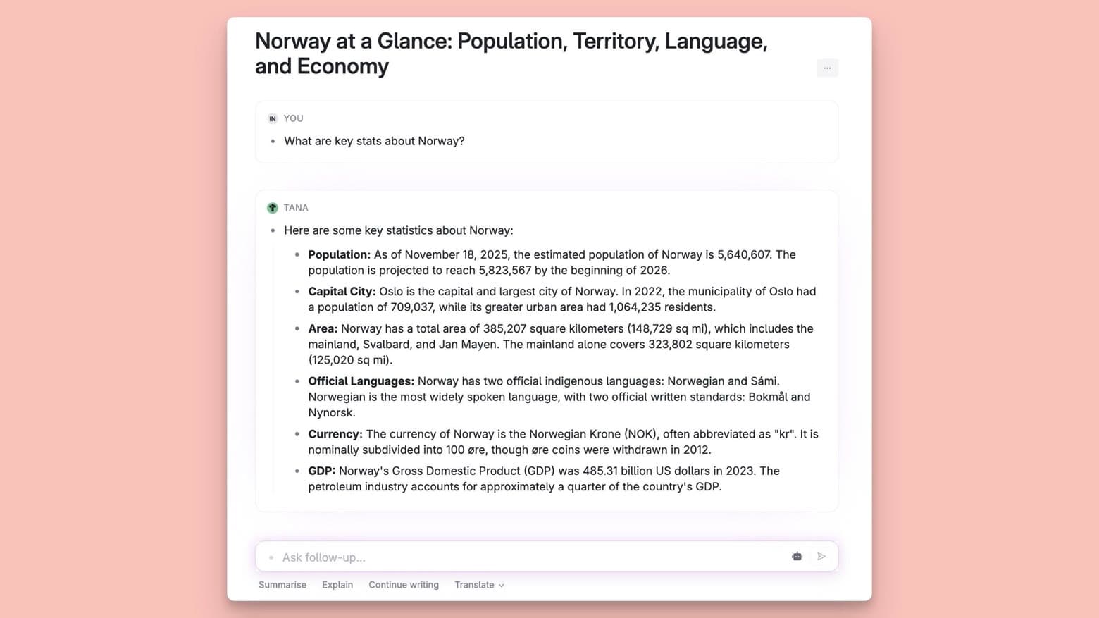 Tana's AI chat can research topics using internet web search