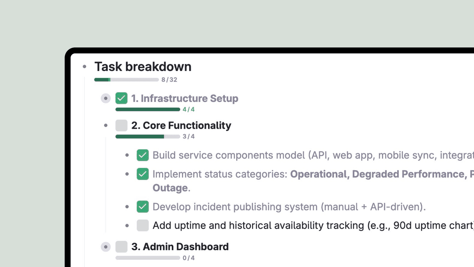 Progress bars in Tana are work on hierarchies of sub-tasks and sub-areas, aggregating up the status of all checkboxes