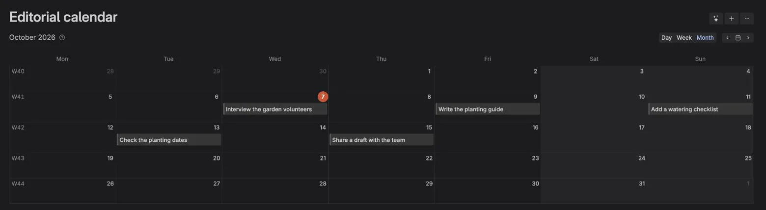 October 2026 Calendar month view with garden tasks placed on their Publish dates